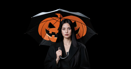 Woman Holding Black Umbrella with Halloween Pumpkin Design on Black Background with Copy Space