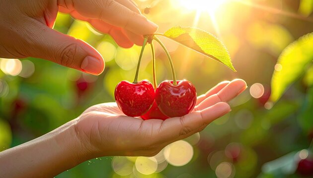 Close up of hands holding fresh red cherries during a sunny day with sun flares and bokeh background in a garden - Powered by Adobe