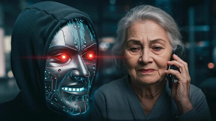 Elderly woman calling on a smartphone next to a robotic face with hacker cyber crime concept, digital scam and fraud footage. - Powered by Adobe