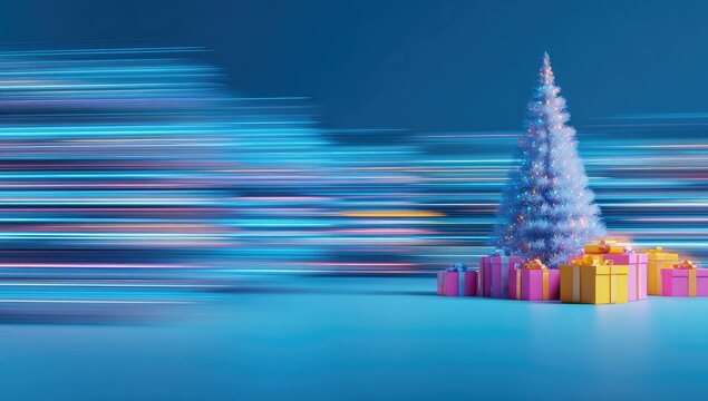 A frosted Christmas tree stands amidst pastel gifts against a vibrant blue background with motion-blurred light streaks - Powered by Adobe