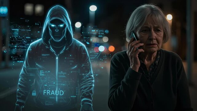 Elderly woman on phone with hacker hologram for fraud scam and cybersecurity warning at night footage - Powered by Adobe