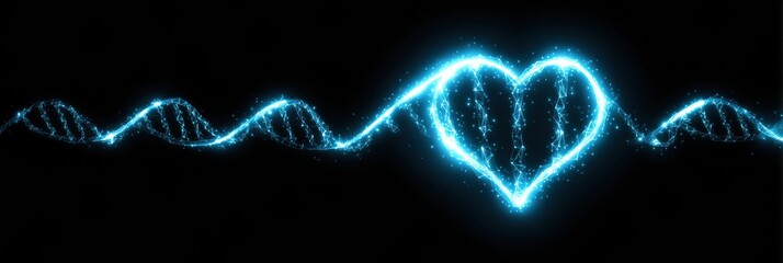 A vibrant display shows a glowing heart intertwined with DNA strands, symbolizing love and life. The illuminated elements create a captivating visual effect.