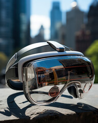 Fototapeta premium Augmented reality headset placed on concrete ledge with modern skyscrapers reflecting in the lenses, symbolizing the fusion of digital and real-world experiences.