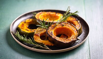 A Plate Of Roasted Acorn Squash With Rosemary Sprigs
