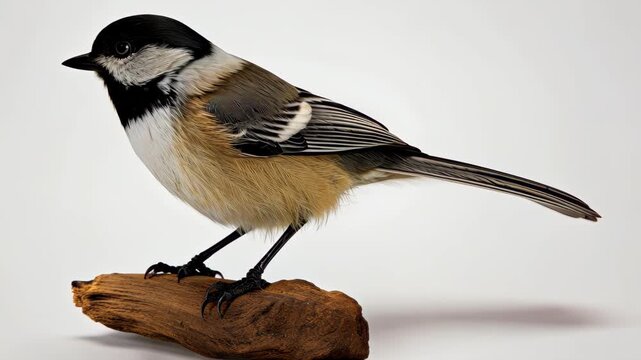 Black-capped chickadee Resting: A captivating close-up of a charming black-capped chickadee perches serenely on a rustic branch.