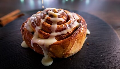 Warm Gooey Cinnamon Roll With Icing Drizzled On Top Pastry Cinnamon