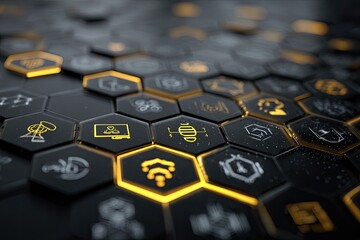 Glowing hexagonal grid displays various technological icons in a dark, futuristic setting