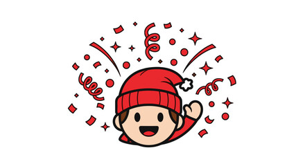 Vector  cartoon character wearing a red hat surrounded by confetti and stars in a celebratory mood