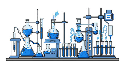 Obraz premium Vector illustration of a complex chemistry laboratory setup with various flasks and test tubes filled with liquid