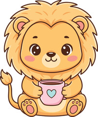 Fototapeta premium Cute Cartoon Lion Holding Coffee Cup Illustration