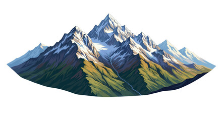 Vector  illustration of a mountain range with snow capped peaks and green slopes in a scenic view