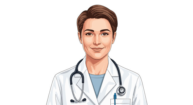Vector illustration of a smiling female doctor with a stethoscope and lab coat in a medical setting