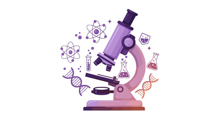 Vector  illustration of a microscope with atoms dna beakers and test tubes in a science themed design