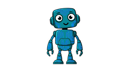 Vector  illustration of a blue robot with a circuit pattern and large eyes standing upright alone centered