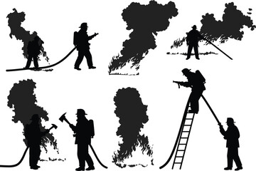 Firefighter, emergency, rescue, fire, safety, teamwork, protection, disaster, response, bravery, hose, ladder, axe, smoke, flames, danger, hero, equipment, uniform, silhouette, action