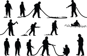 Firefighter, emergency, rescue, fire, safety, teamwork, protection, disaster, response, bravery, hose, stretcher, danger, support, hero, equipment, uniform, silhouette, action, saving, life