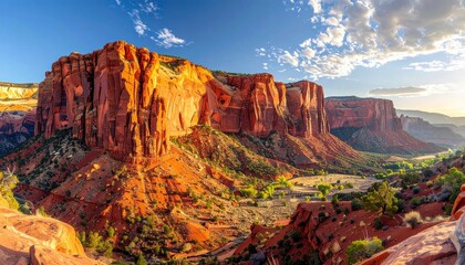 Golden Hour Sunlight Illuminates Majestic Red Rock Canyons Under a Blue Sky with Wispy Clouds in Zion National Park