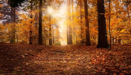 Fototapeta premium Fantasy Autumn Photo Background With Pine Tree Forest Fall Golden Maple Leaves And Mysterious Trail With Mystical Glow And Shining Sun Rays And Copy Space Wide Panoramic Banner