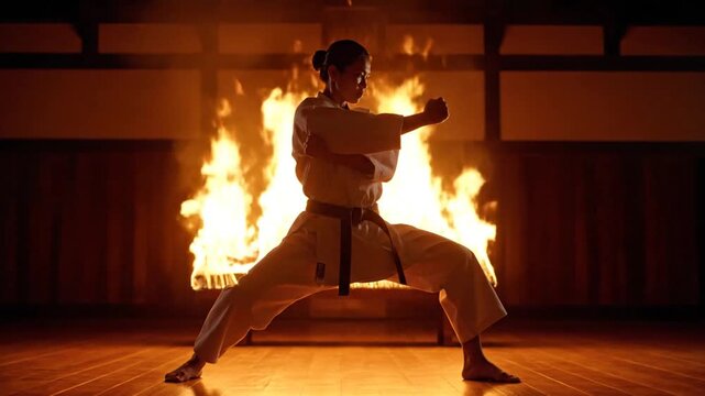 Dynamic Karate Stance: Woman in Gi Against Fiery Backdrop, Martial Arts Power