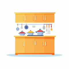 Naklejka premium Cartoon Kitchen Illustration with Cabinets, Pots, and Utensils