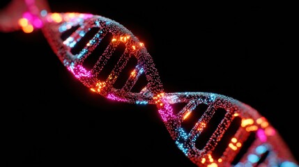 The depiction reveals a vibrant 3D model of a DNA double helix, highlighting its complex structure with illuminated segments against a dark background.
