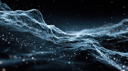 Fototapeta premium Abstract digital water wave with flowing particles and glowing lines in deep space, high-tech futuristic science fiction background, dynamic movement