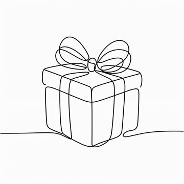 Naklejki Continuous Line Art Drawing of a Wrapped Gift Box with Ribbon Bow. Minimalist Holiday Celebration Present Outline Vector Illustration.