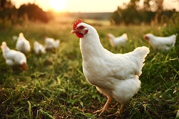Free range chickens grazing on green farm field at sunset