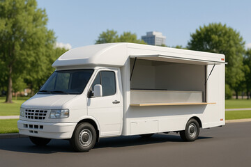 white food truck with open counter parked near park