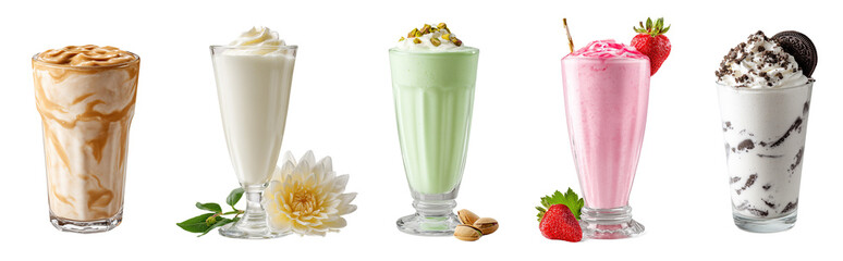Assorted milkshake flavors set. Pistachio milkshake, chocolate shake, vanilla milkshake, caramel milkshake. Many delicious flavors of milkshakes, collection isolated on white background.