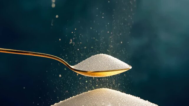 Granulated Sugar in Spoon: Close-up captures the purity and texture of granulated sugar spilling from a golden spoon, a symbol of sweetness and culinary delight. 
