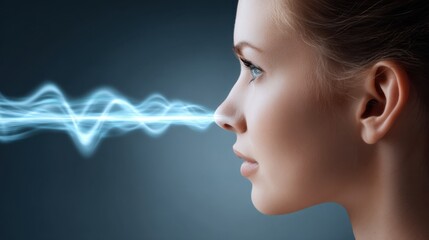 A woman deeply engaged in thought with sound waves flowing from her mouth symbolizing expression.