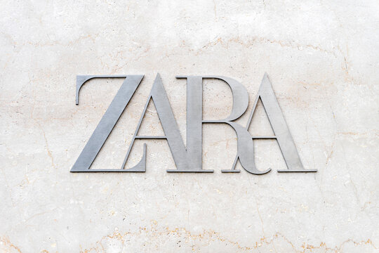 Seville, Spain, October 15, 2025; Close-up of Zara fashion retail store logo sign on building facade in Spain.