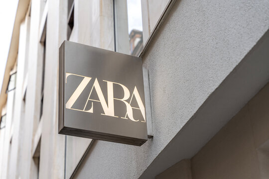 Seville, Spain, October 15, 2025; Close-up of Zara fashion retail store logo sign on building facade in Spain.