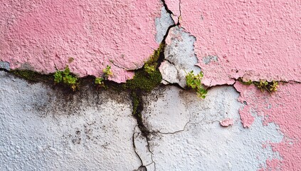 Pink and white cracked wall with vegetation sprouting from fissures.  Deterioration, texture, and nature's resilience are evident