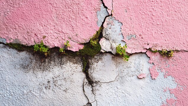 Pink and white cracked wall with vegetation sprouting from fissures.  Deterioration, texture, and nature's resilience are evident - Powered by Adobe