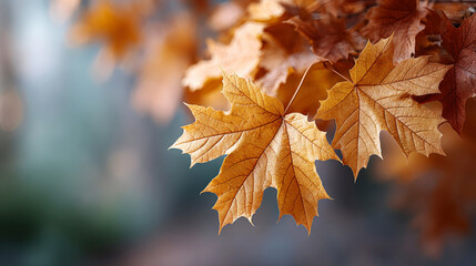 Dried Autumn Maple Leaves with Detailed Texture Veins Against Soft Blurred Background