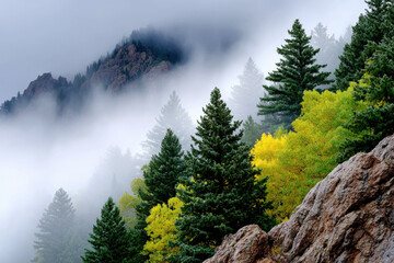 Foggy Mountain Ridge with Autumn Aspen Trees and Evergreen Forest Rocky Outcrop