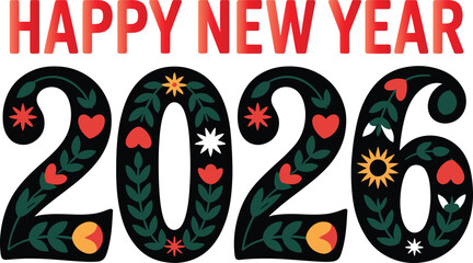 Happy New Year 2026 with Folk Art Floral Designs and Hearts