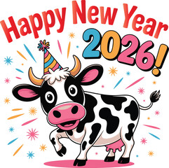 Happy New Year 2026 with a Cute Cow Wearing a Party Hat and Confetti