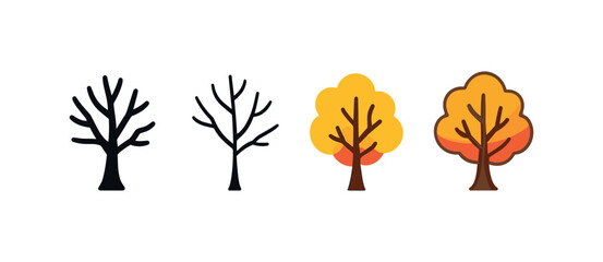 Vector icon bare tree autumn same pose same proportions four styles black solid glyph outline minimal flat multicolor filled cartoon flat shaded.