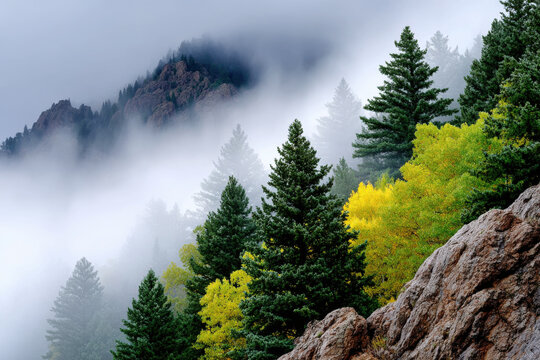 Foggy Mountain Ridge with Autumn Aspen Trees and Evergreen Forest Rocky Outcrop - Powered by Adobe