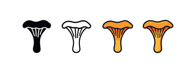 Vector icon mushroom chanterelle same pose same proportions four styles black solid glyph outline minimal flat multicolor filled cartoon flat shaded.