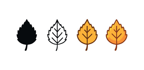 Fototapeta premium Vector icon birch leaf same pose same proportions four styles black solid glyph outline minimal flat multicolor filled cartoon flat shaded.