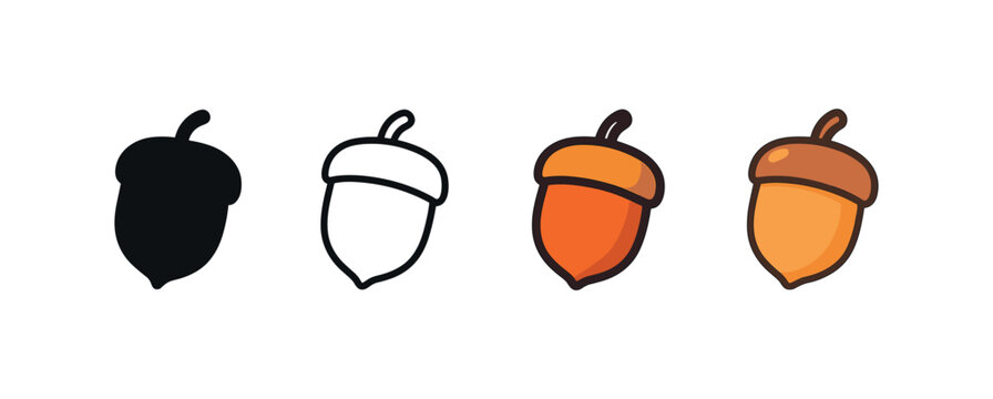Vector icon acorn oak same pose same proportions four styles black solid glyph outline minimal flat multicolor filled cartoon flat shaded.
