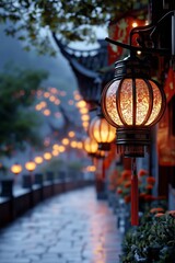 rainsoaked stones glow under lantern reflections, glistening lanternlit pathway reflecting softly on wet stones, shimmering reflections dance on raindrenched stone path illuminated gently by lanterns