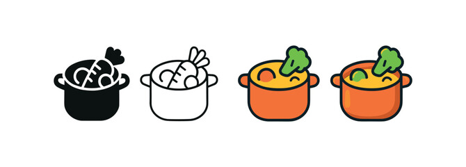 Vector icon vegetable stew pot same pose same proportions four styles black solid glyph outline minimal flat multicolor filled cartoon flat shaded.