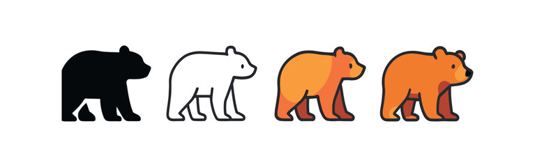 icon bear silhouette autumn same pose same proportions four styles black solid glyph outline minimal flat multicolor filled cartoon flat shaded.