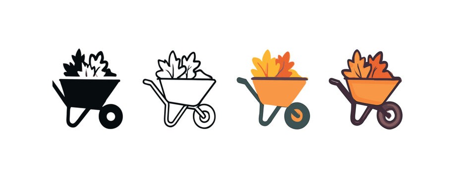 Vector icon wheelbarrow autumn same pose same proportions four styles black solid glyph outline minimal flat multicolor filled cartoon flat shaded.