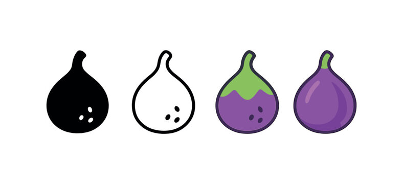 Vector icon fig autumn same pose same proportions four styles black solid glyph outline minimal flat multicolor filled cartoon flat shaded.